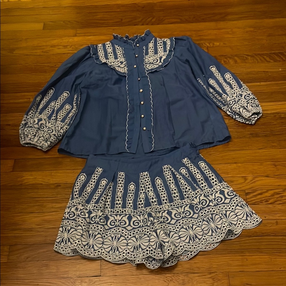 Blue and White Embroidered Blouse and Short Set